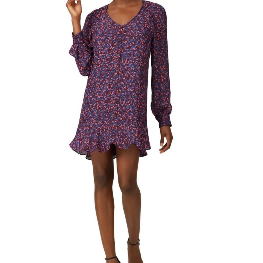 Parker Silk Viscose Button Front Mini Dress Blue Pink Lined Flowy Large Boho